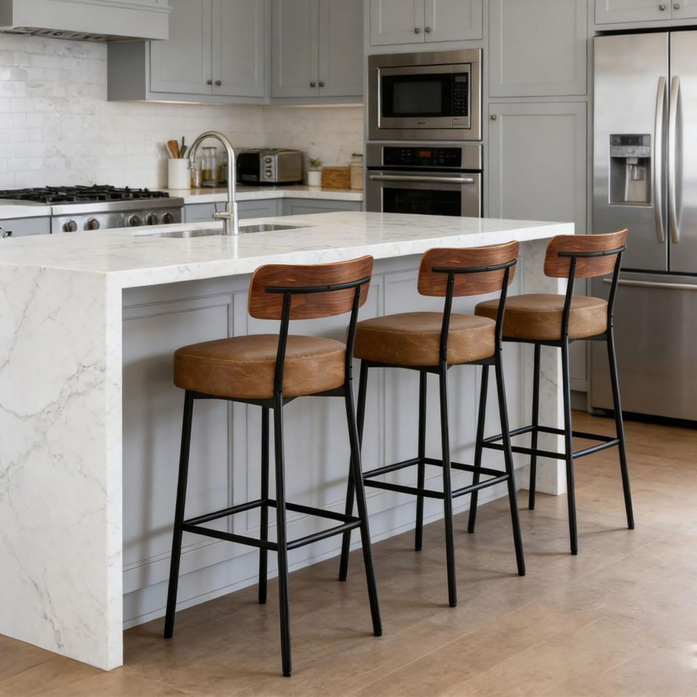 Brown Bar Stools Set o 3, Leat - Home Bar And Counter のレビューと価格