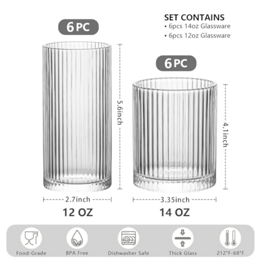 12Piece Ribbed Glassware Set w - Highball Glass Set のレビューと価格